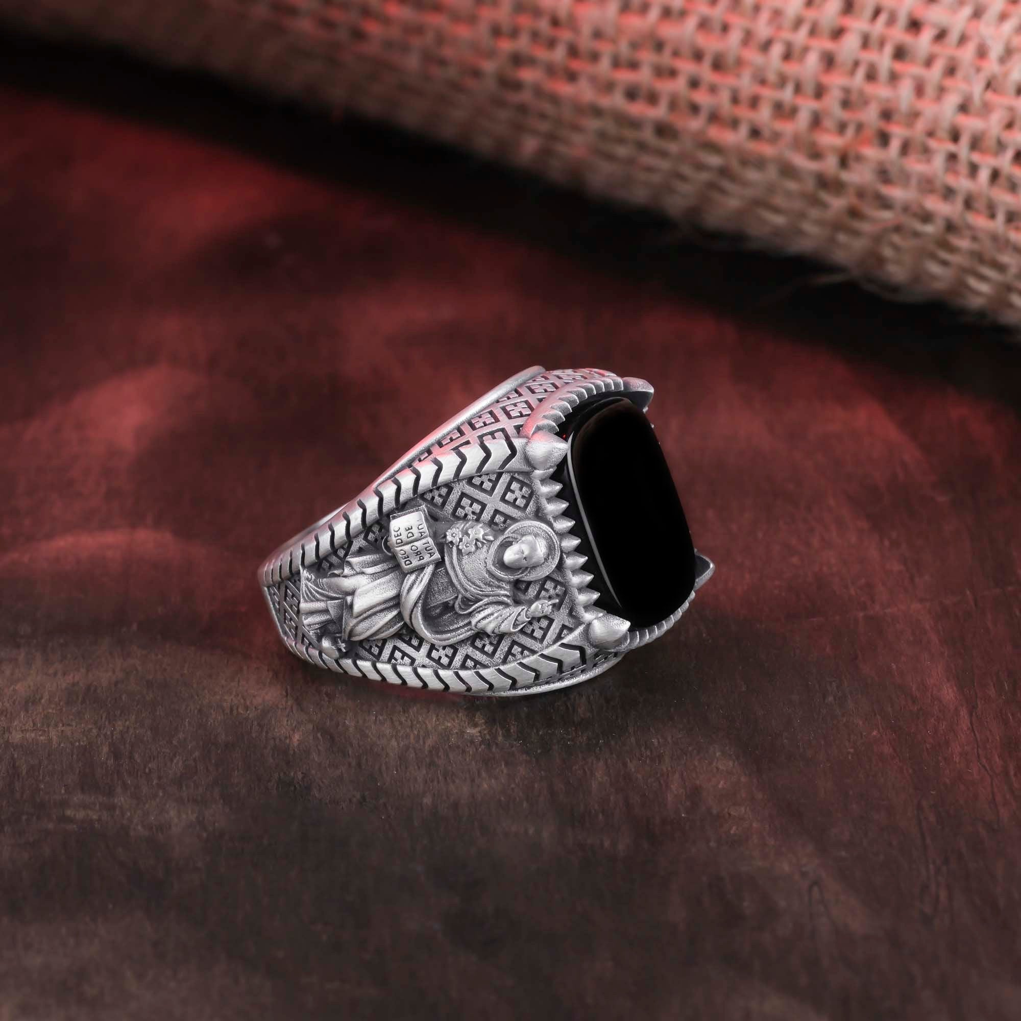 Saint Dominic Ring, Religious Gift, Christian Jewelry, Gemstone Ring, Onyx Ring, Red Agate Ring, Tiger's Eye Ring, Lapis Lazuli Ring