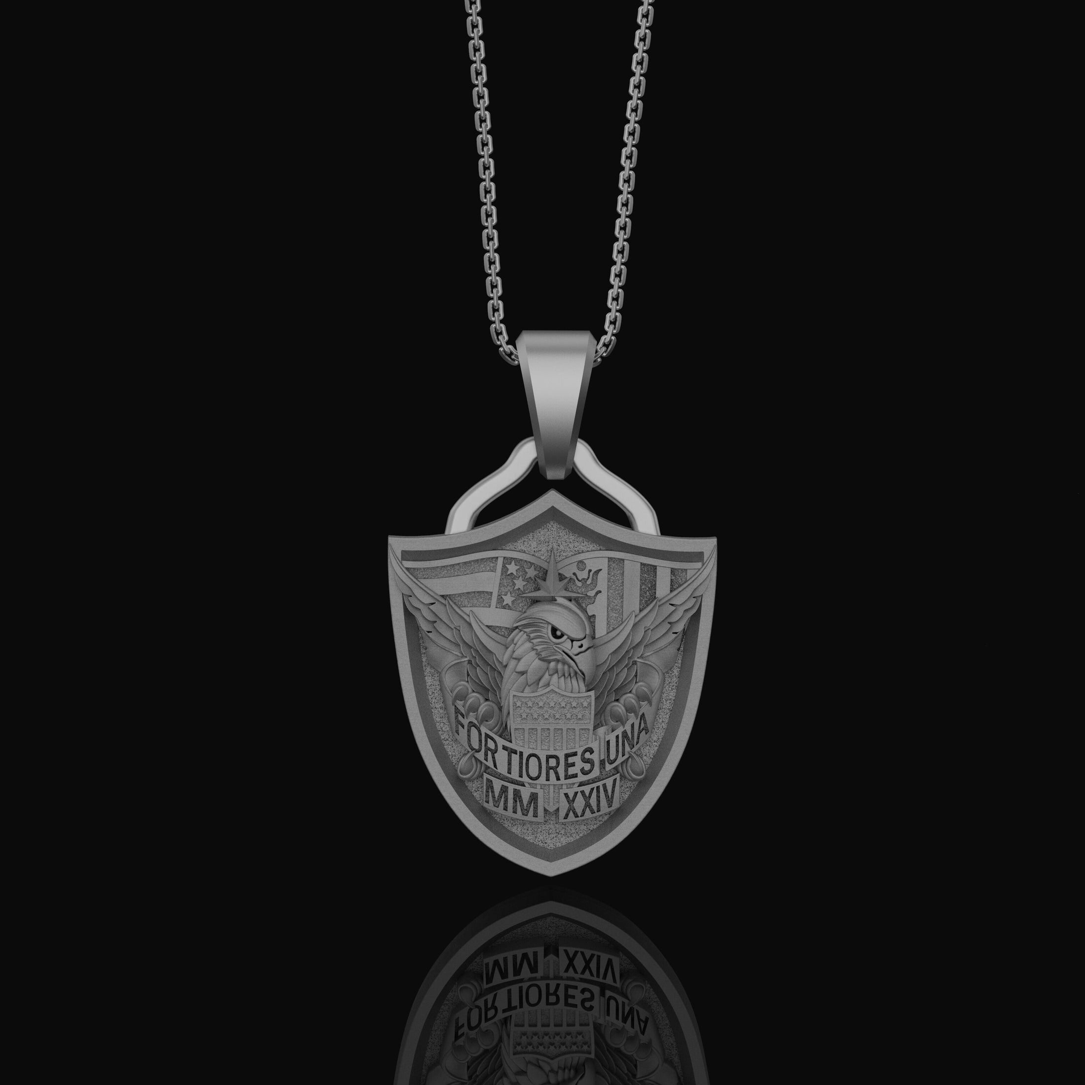 Fortiores Una American Eagle Medal Necklace - Patriotic Symbolic Silver Pendant, Unity Strength Jewelry