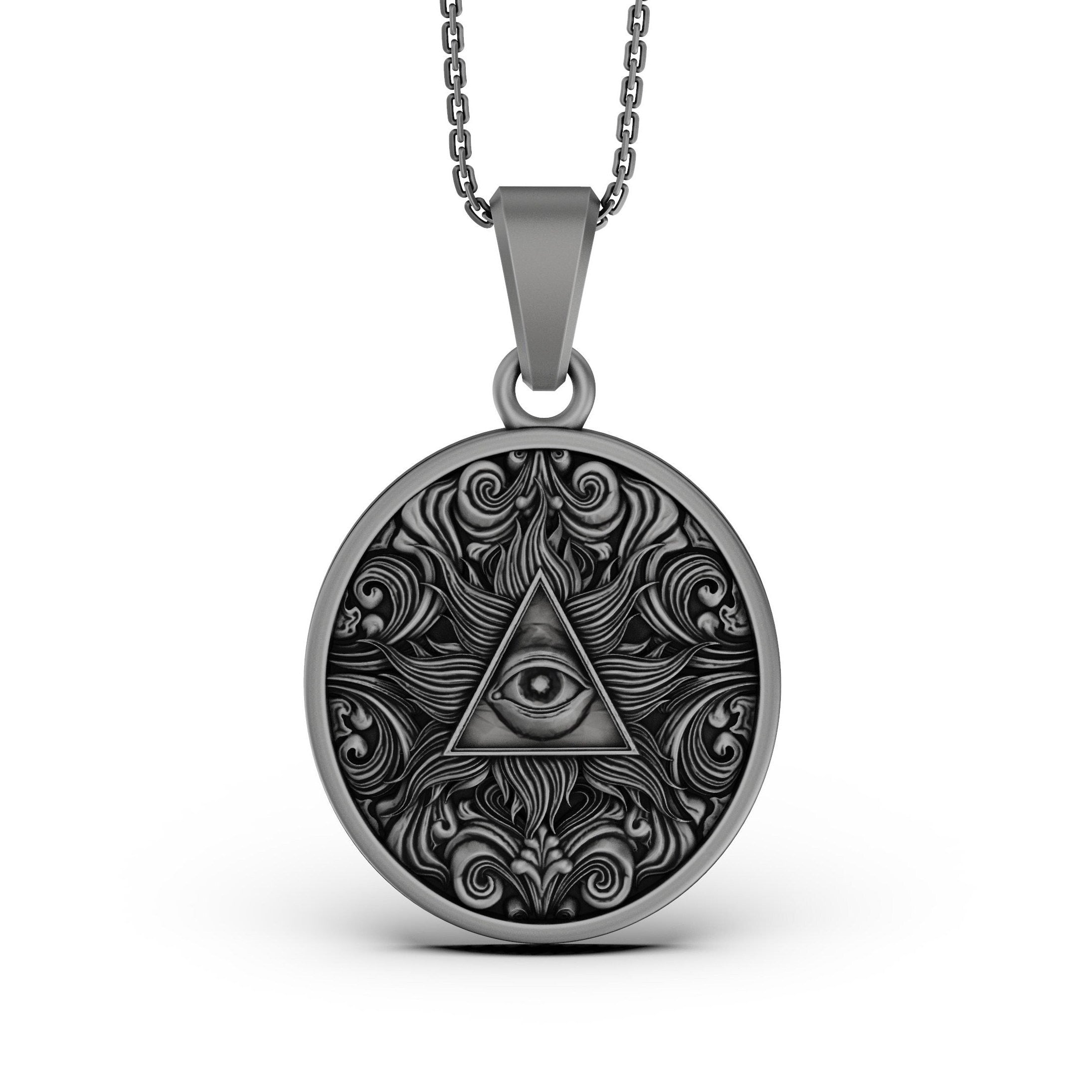 Silver Eye of Providence Pendant - Masonic Medallion, Freemason Symbol Necklace, Illuminati Jewelry