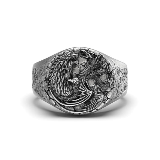Silver Wolf and Dragon Ring - Ice and Fire Themed Jewelry, Fantasy Men's Ring, Unique Mythical Gift