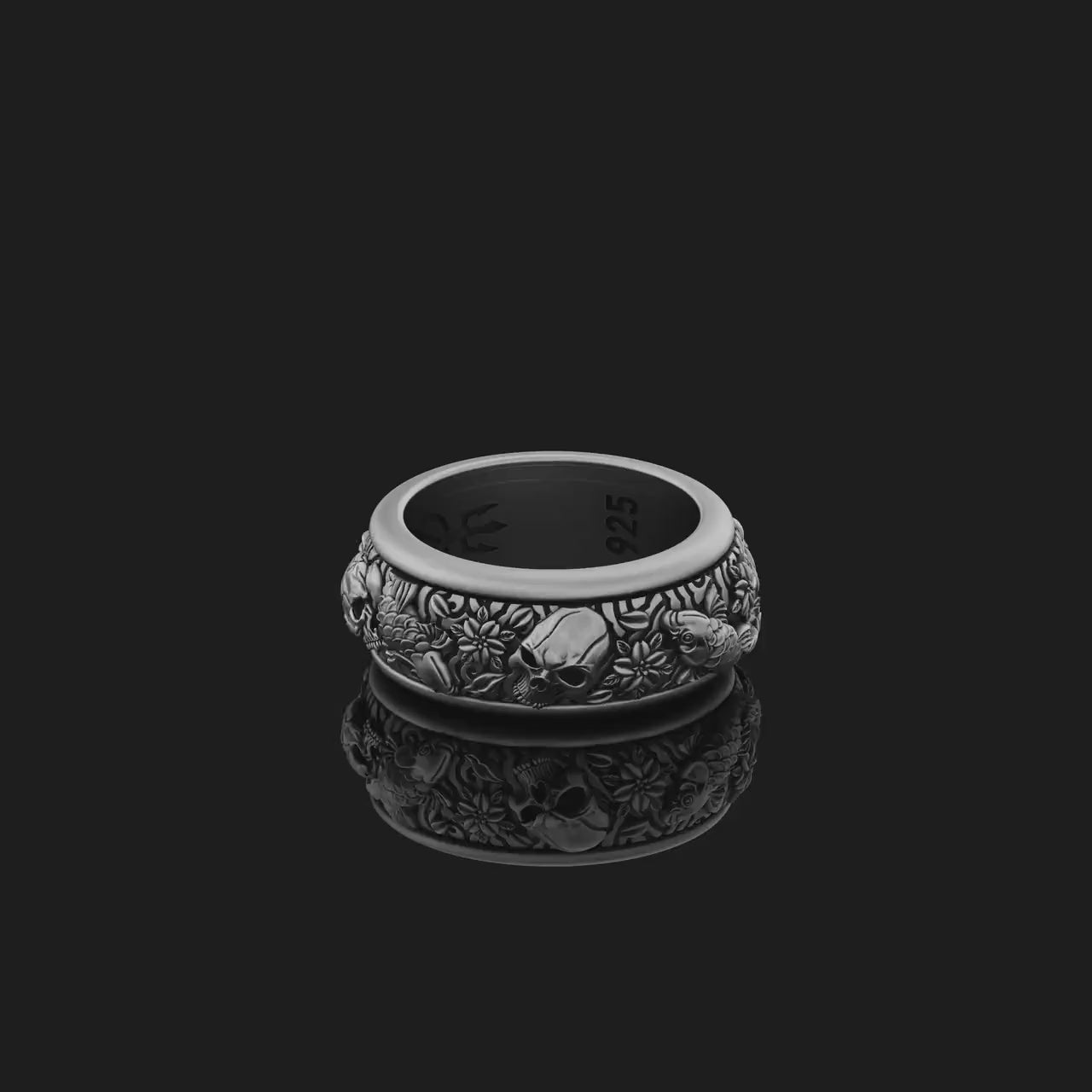 Tri-Color Sterling Silver Spinning Ring: Carps, Skull, Clouds & Waves, Engravable, Unique Fusion Bridal Jewelry