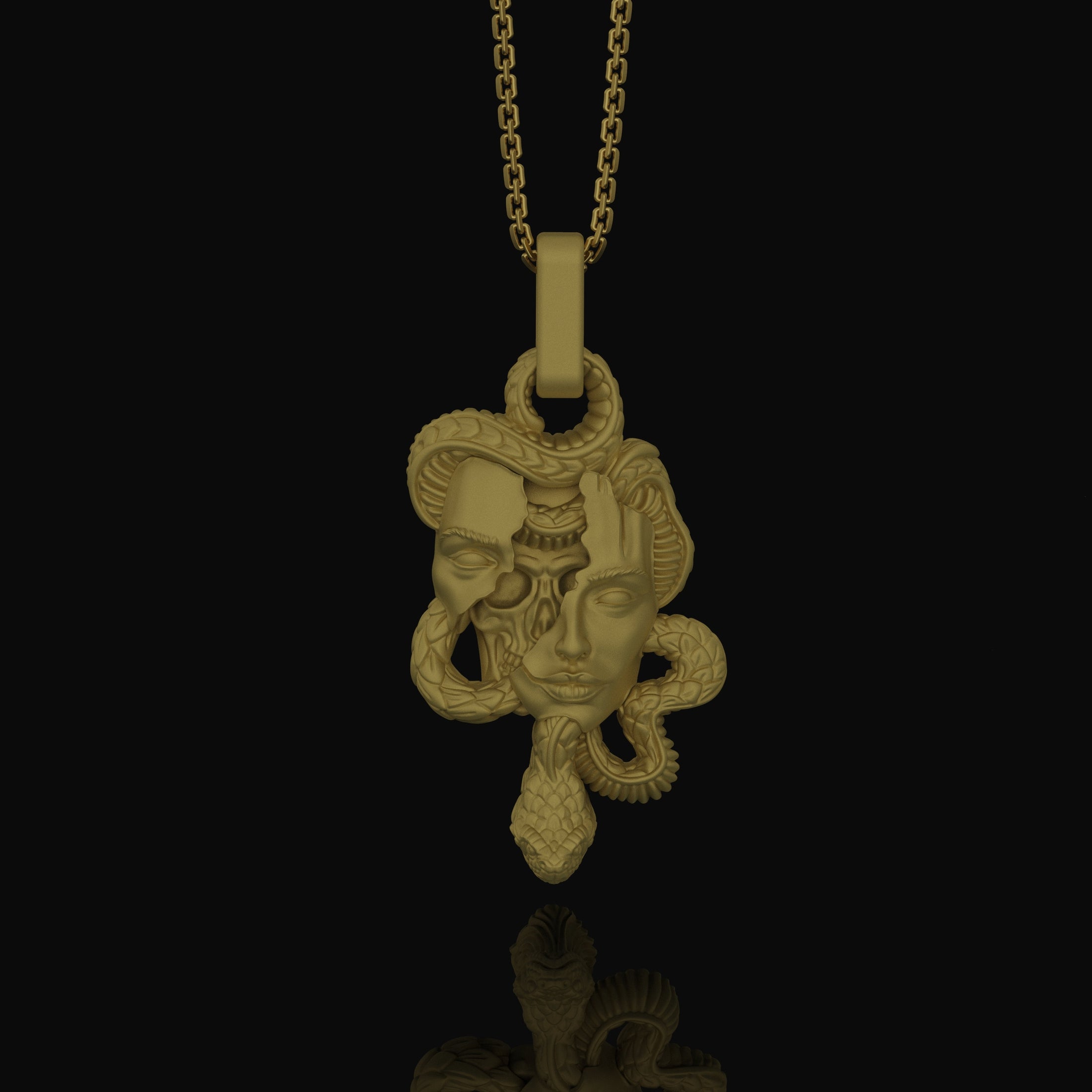 Silver Medusa Skull Pendant, Snake Necklace Design, Memento Mori Reminder, Symbol of Power & Mystery Gold Matte