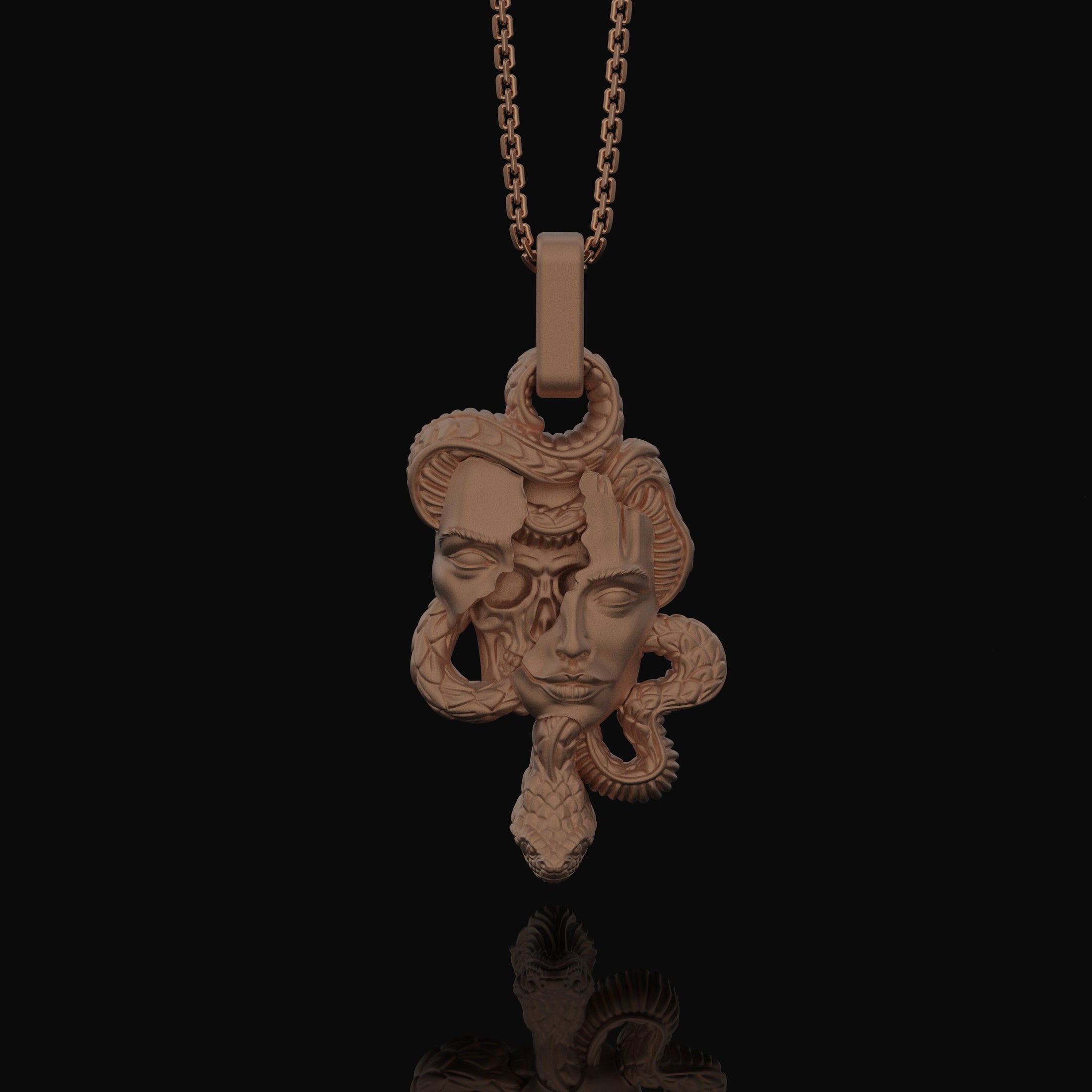Silver Medusa Skull Pendant, Snake Necklace Design, Memento Mori Reminder, Symbol of Power & Mystery Rose Gold Matte