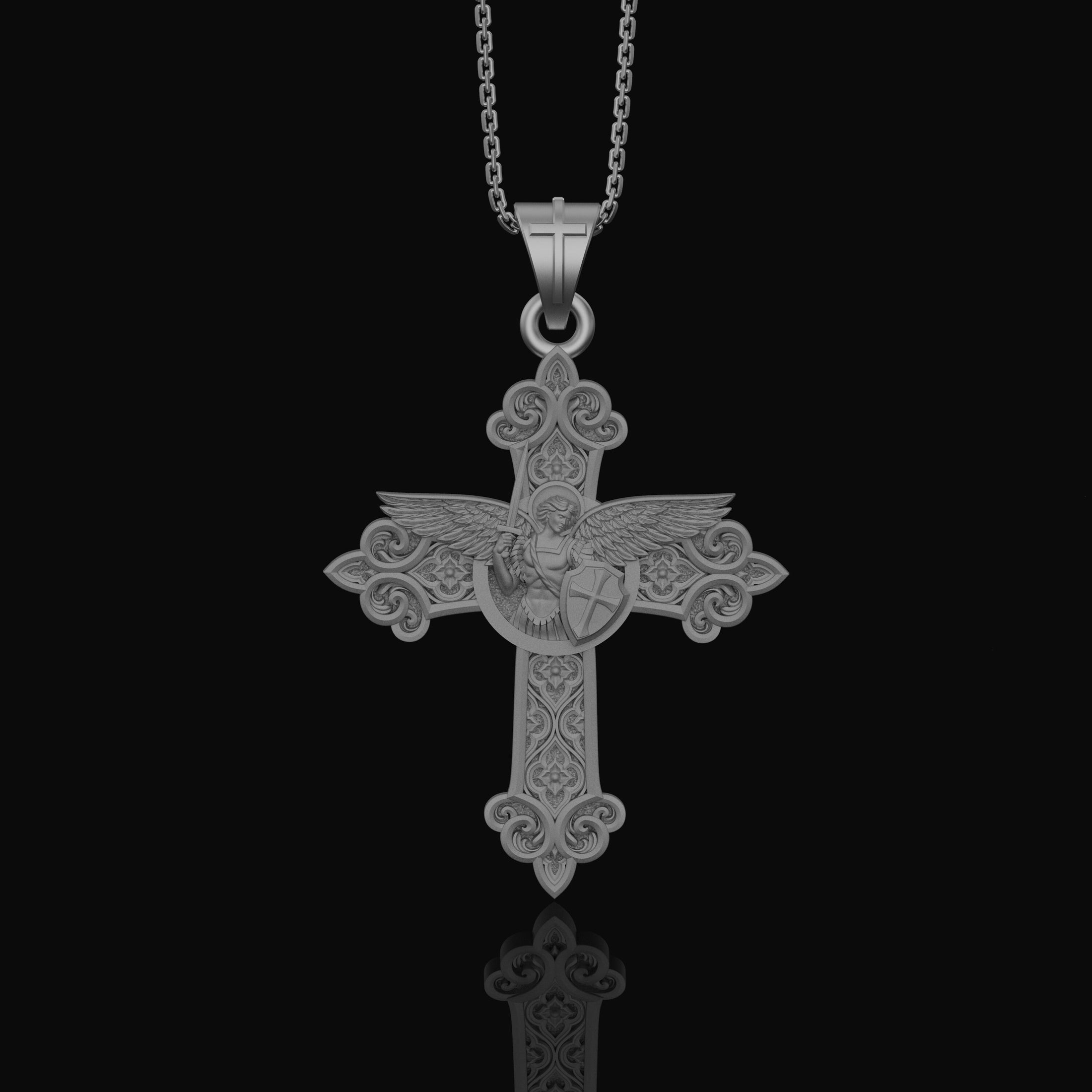 St. Michael Protection Silver Cross, 'Quis ut Deus' Engraved, Archangel Michael Amulet, Symbol of Divine Guard Polished Matte