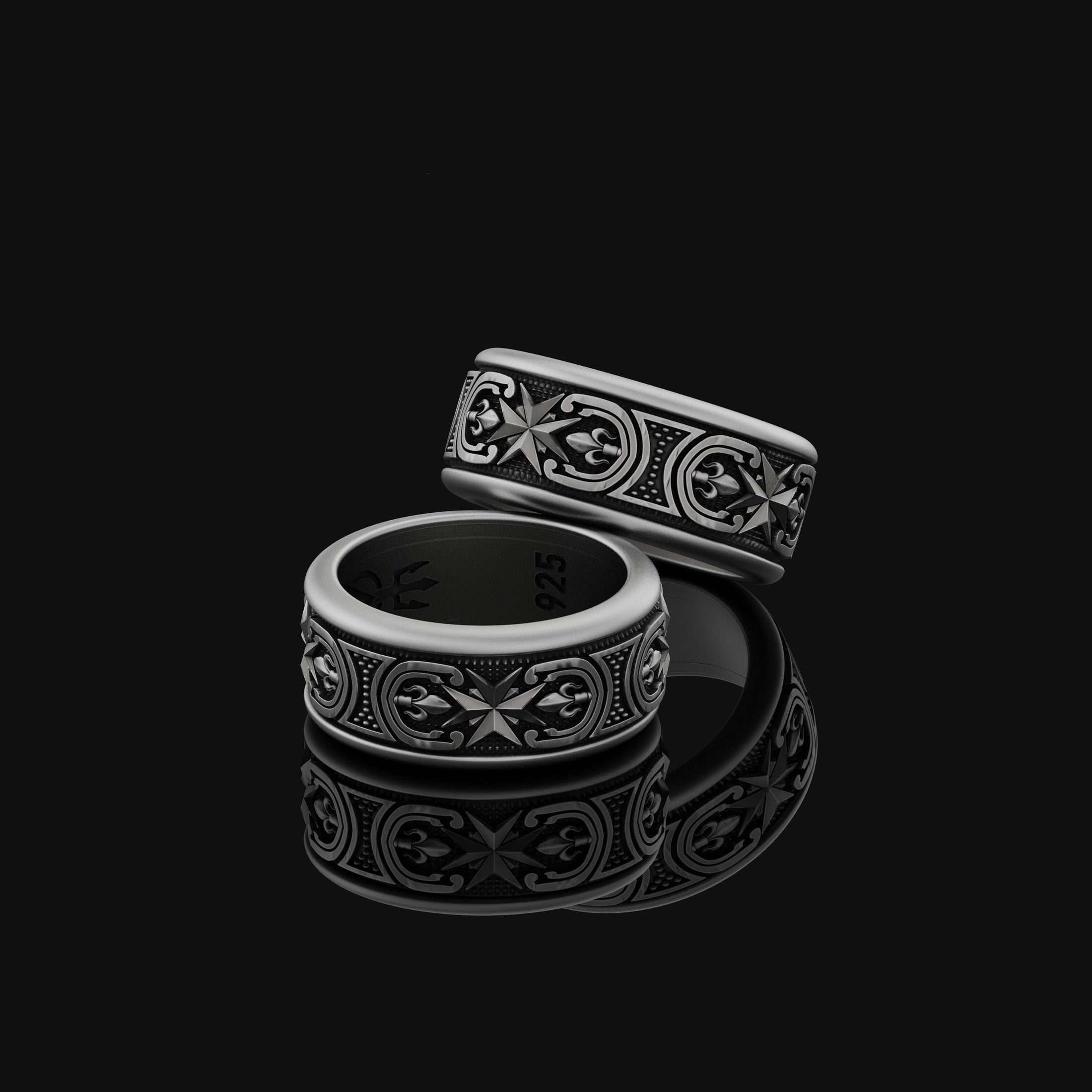 Spinning Maltese Cross Wedding Band Ring, Rotating Design, Engravable Inside, Symbol of Valor & Faith Oxidized Finish