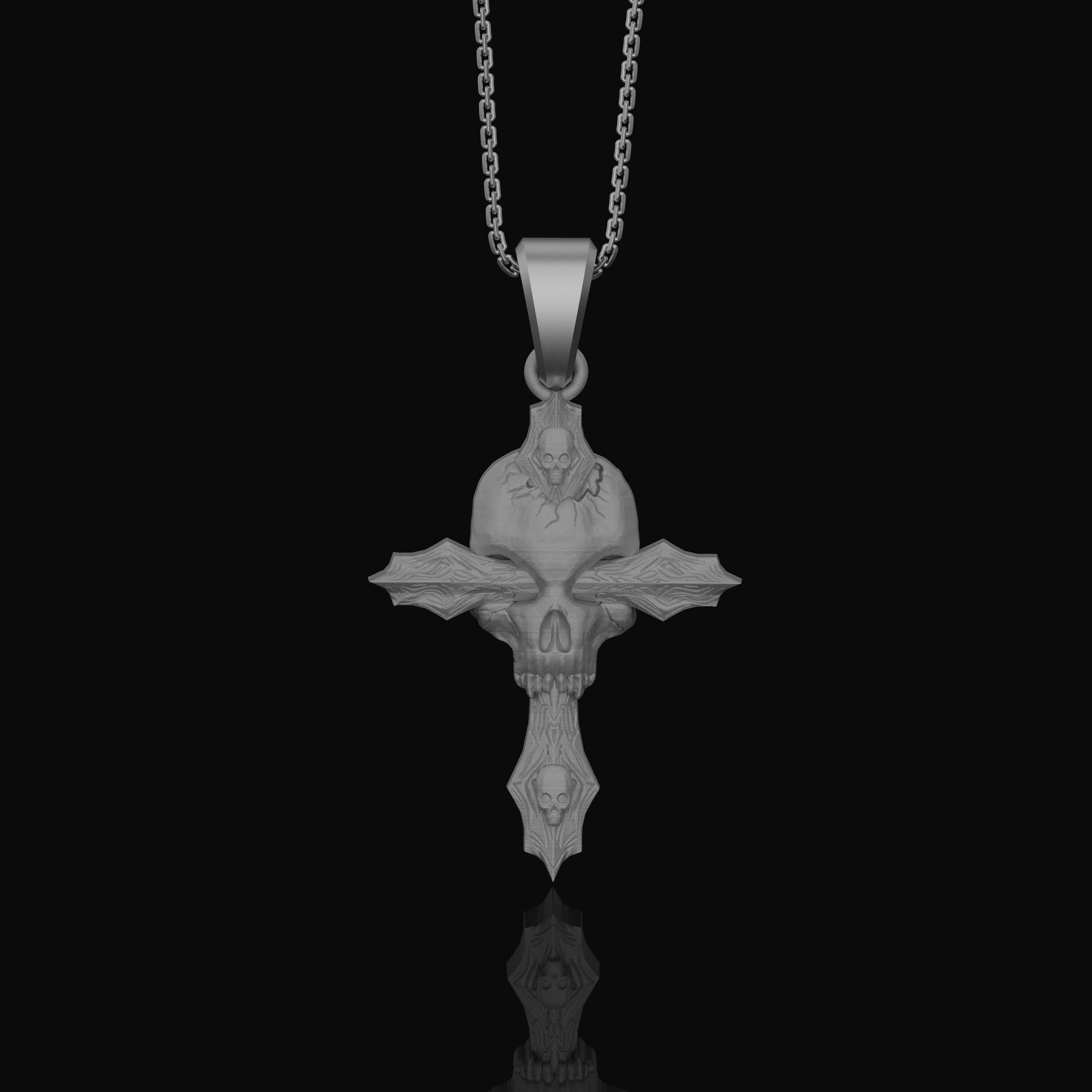 Silver Gothic Skull Cross Necklace, Wooden Texture Design, Unique Dark Aesthetic Jewelry Polished Matte
