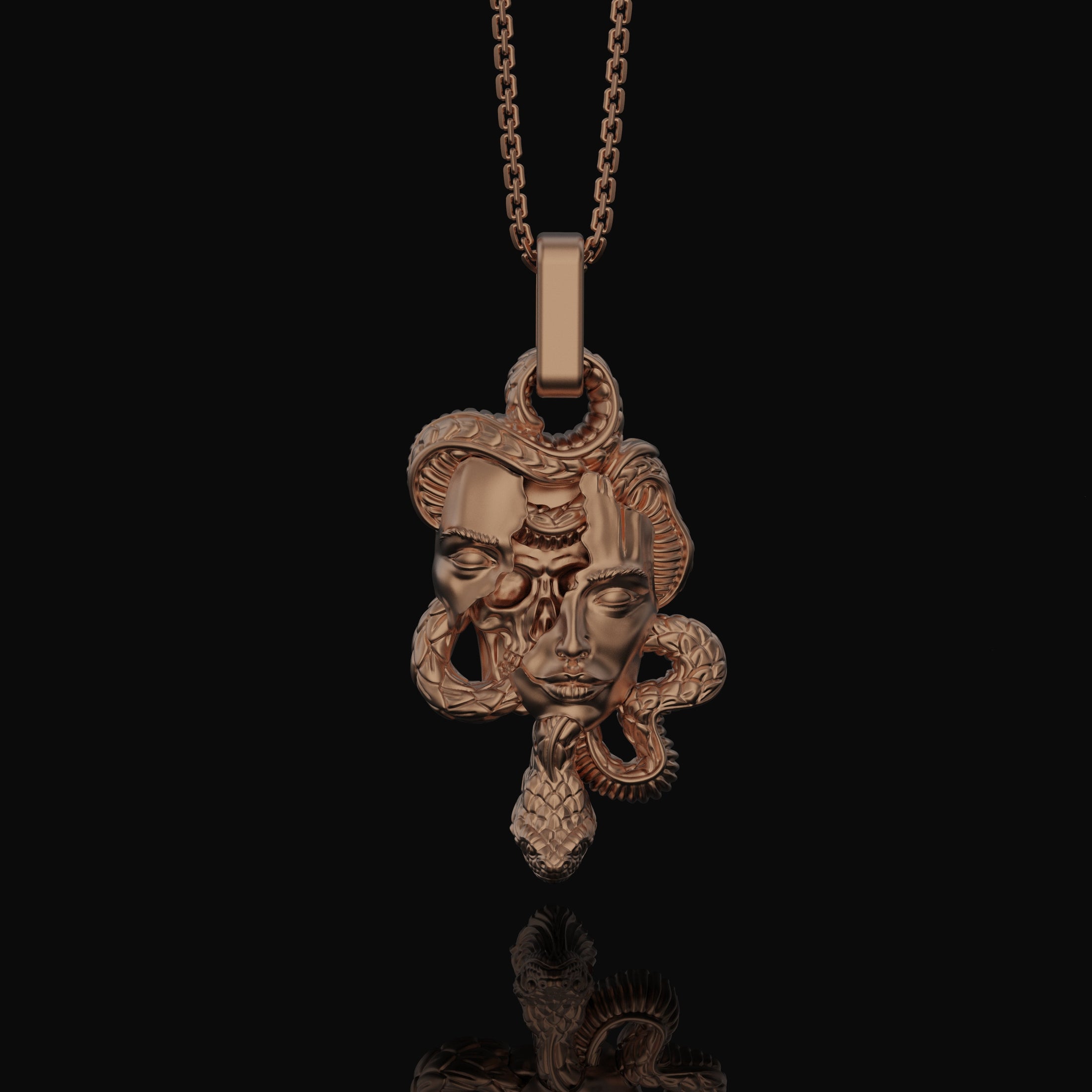 Silver Medusa Skull Pendant, Snake Necklace Design, Memento Mori Reminder, Symbol of Power & Mystery Rose Gold Finish