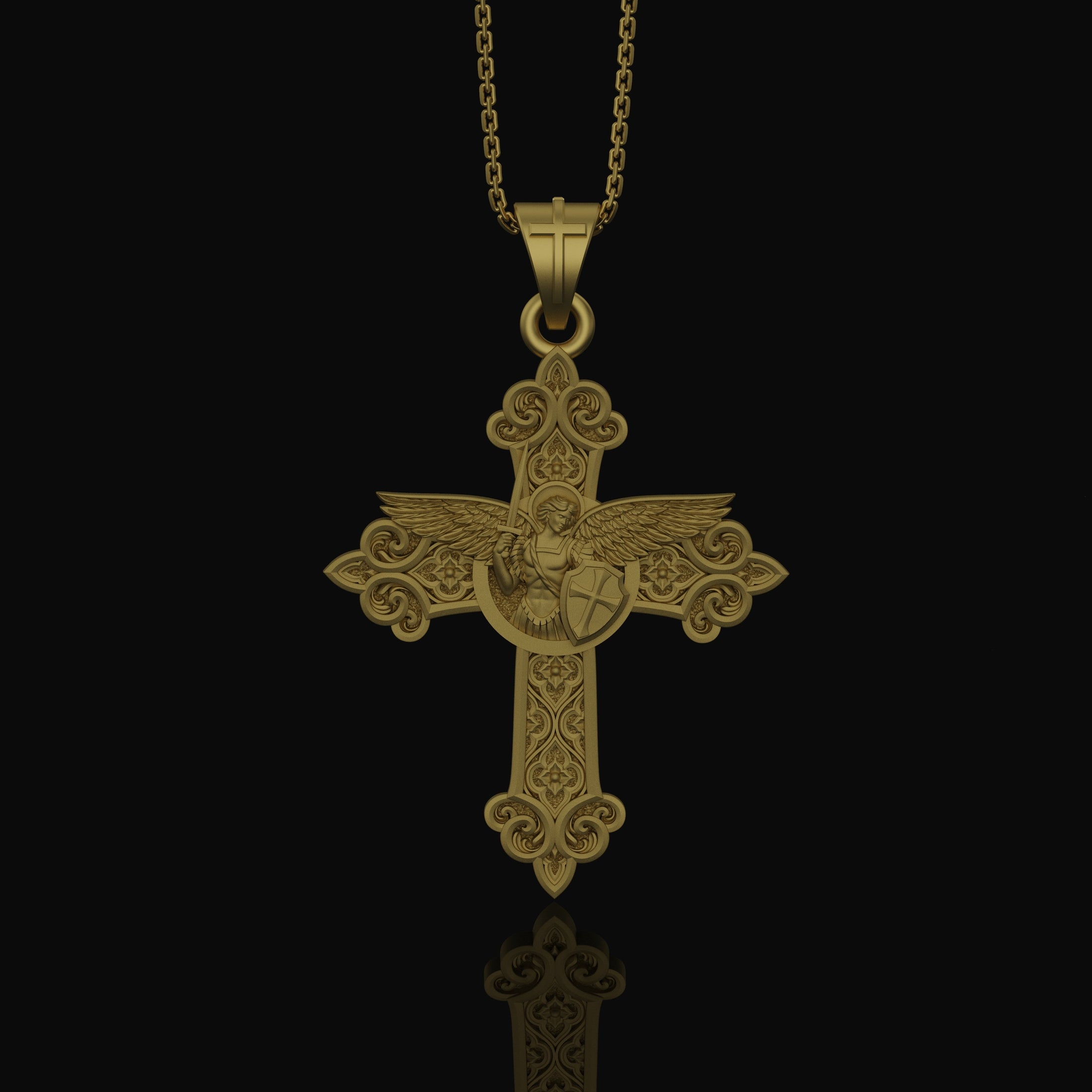 St. Michael Protection Silver Cross, 'Quis ut Deus' Engraved, Archangel Michael Amulet, Symbol of Divine Guard Gold Matte