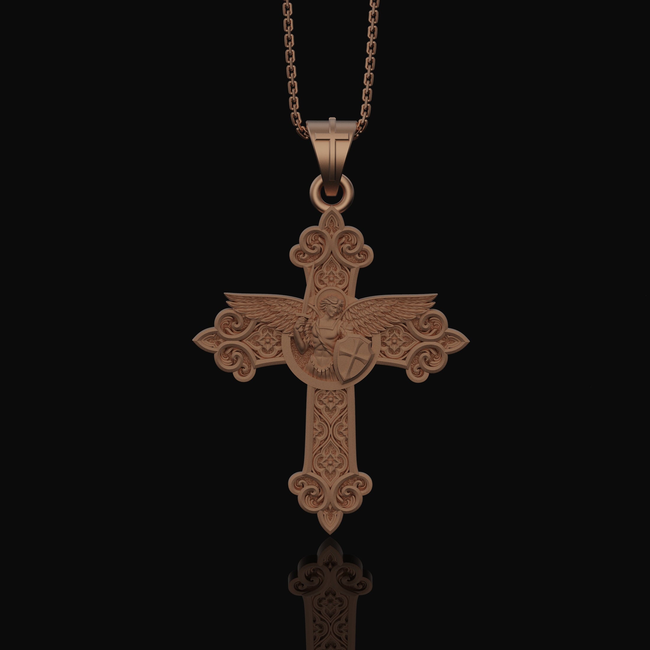 St. Michael Protection Silver Cross, 'Quis ut Deus' Engraved, Archangel Michael Amulet, Symbol of Divine Guard Rose Gold Matte