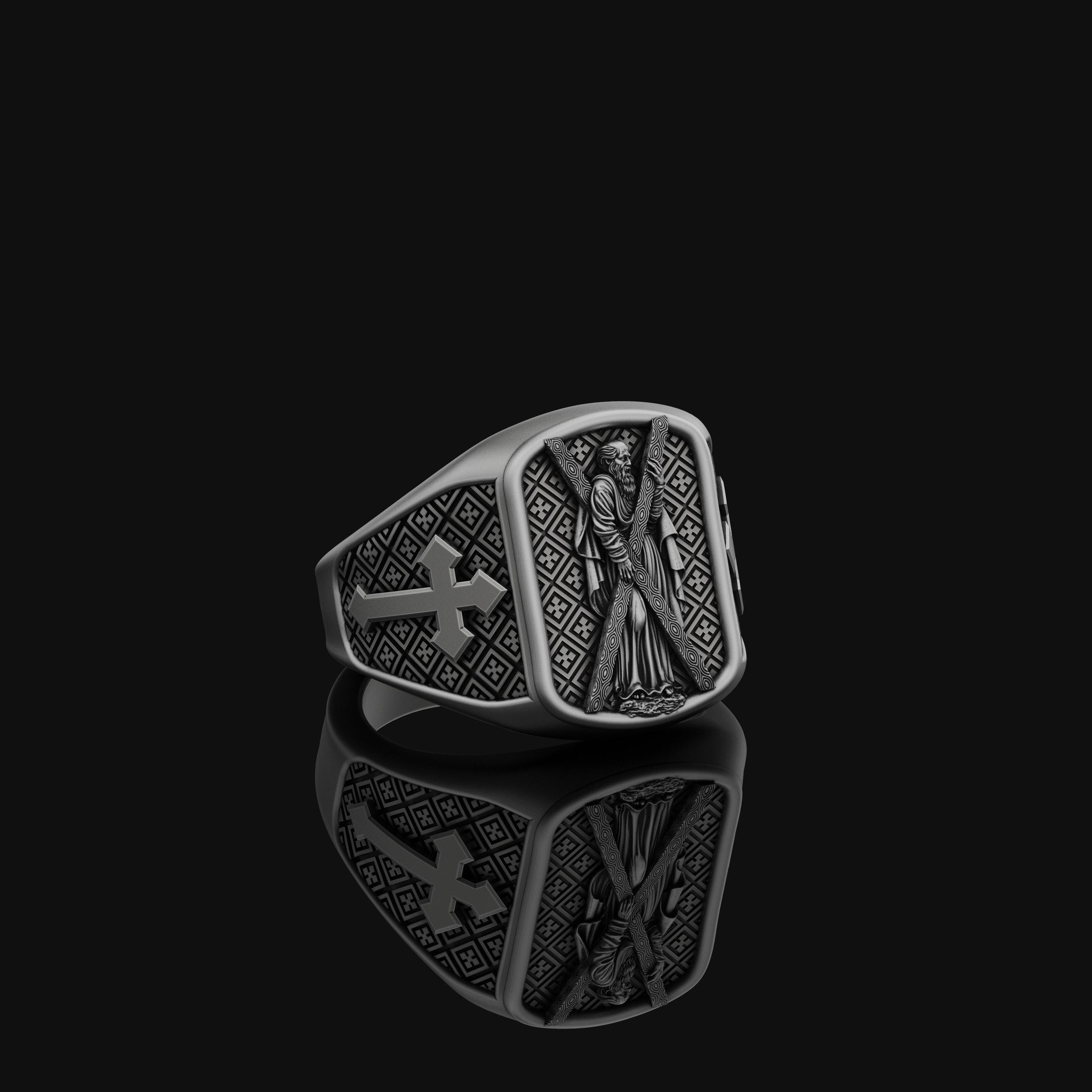 Saint Andrew Silver Ring, Men's Cross Pattern Band, Religious Christian Jewelry, Spiritual Gift of Apostolic Faith
